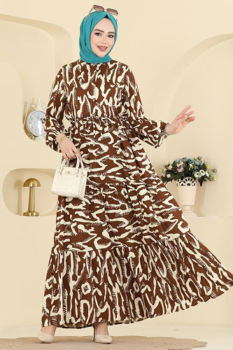 moda selvim Zebra Desenli Viskon Elbise 7158ERK1158 Kahve - Thumbnail