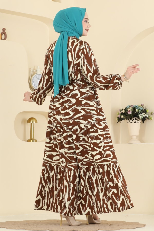 Zebra Desenli Viskon Elbise 7158ERK1158 Kahve - Moda Selvim