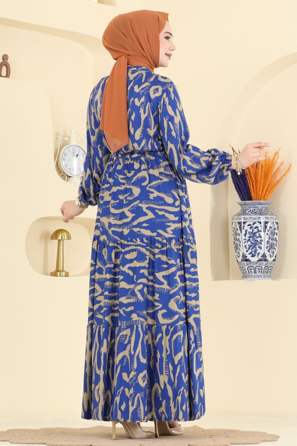 Zebra Desenli Viskon Elbise 7158ERK1158 Saks - Moda Selvim