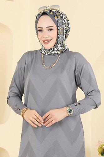 moda selvim Zigzag Desenli Merserize Tunik 3183NVX1208 Gri - Thumbnail