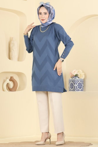 N.V.X. - Zigzag Desenli Merserize Tunik 3183NVX1208 İndigo