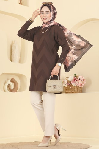 N.V.X. - Zigzag Desenli Merserize Tunik 3183NVX1208 Kahve