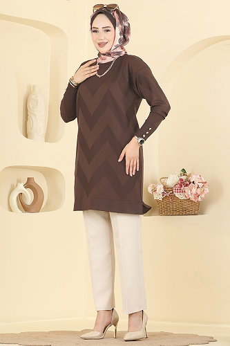 moda selvim Zigzag Desenli Merserize Tunik 3183NVX1208 Kahve - Thumbnail