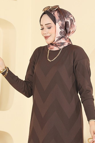 moda selvim Zigzag Desenli Merserize Tunik 3183NVX1208 Kahve - Thumbnail