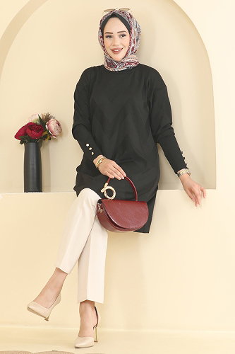 moda selvim Zigzag Desenli Merserize Tunik 3183NVX1208 Siyah - Thumbnail
