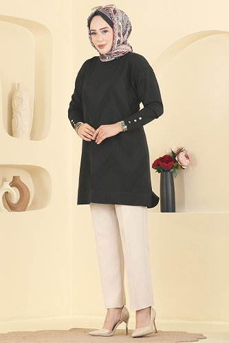 moda selvim Zigzag Desenli Merserize Tunik 3183NVX1208 Siyah - Thumbnail