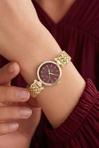 moda selvim Zıgzag Metal Kordon Saat 8835CLSK1184 Gold&Bordo - Thumbnail