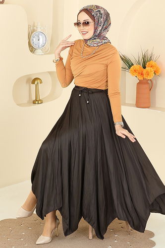 moda selvim Zigzak Kesim Saten Etek 60689BRZ597 Kahve - Thumbnail