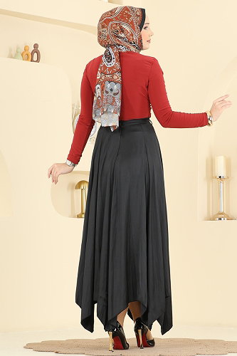 moda selvim Zigzak Kesim Saten Etek 60689BRZ597 Siyah - Thumbnail