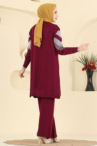 moda selvim Zikzak Desen Triko Takım 2767AYD574 Bordo - Thumbnail