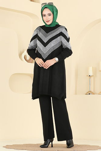 moda selvim Zikzak Desen Triko Takım 2767AYD574 Siyah - Thumbnail