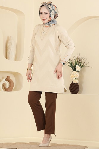 moda selvim Zikzak Desenli Merserize Tunik 3183NVX1208 Taş - Thumbnail