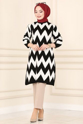 M.T. - Zikzak Desenli Triko Tunik 352MT581 Siyah