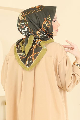 moda selvim Zincir Desen Soft Eşarp Serisi 209MDI1081 Yağ Yeşili - Thumbnail
