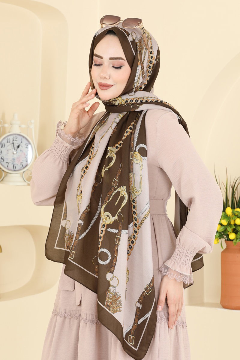 Zincir Desen Soft Şal 158IPK758 Koyu Haki