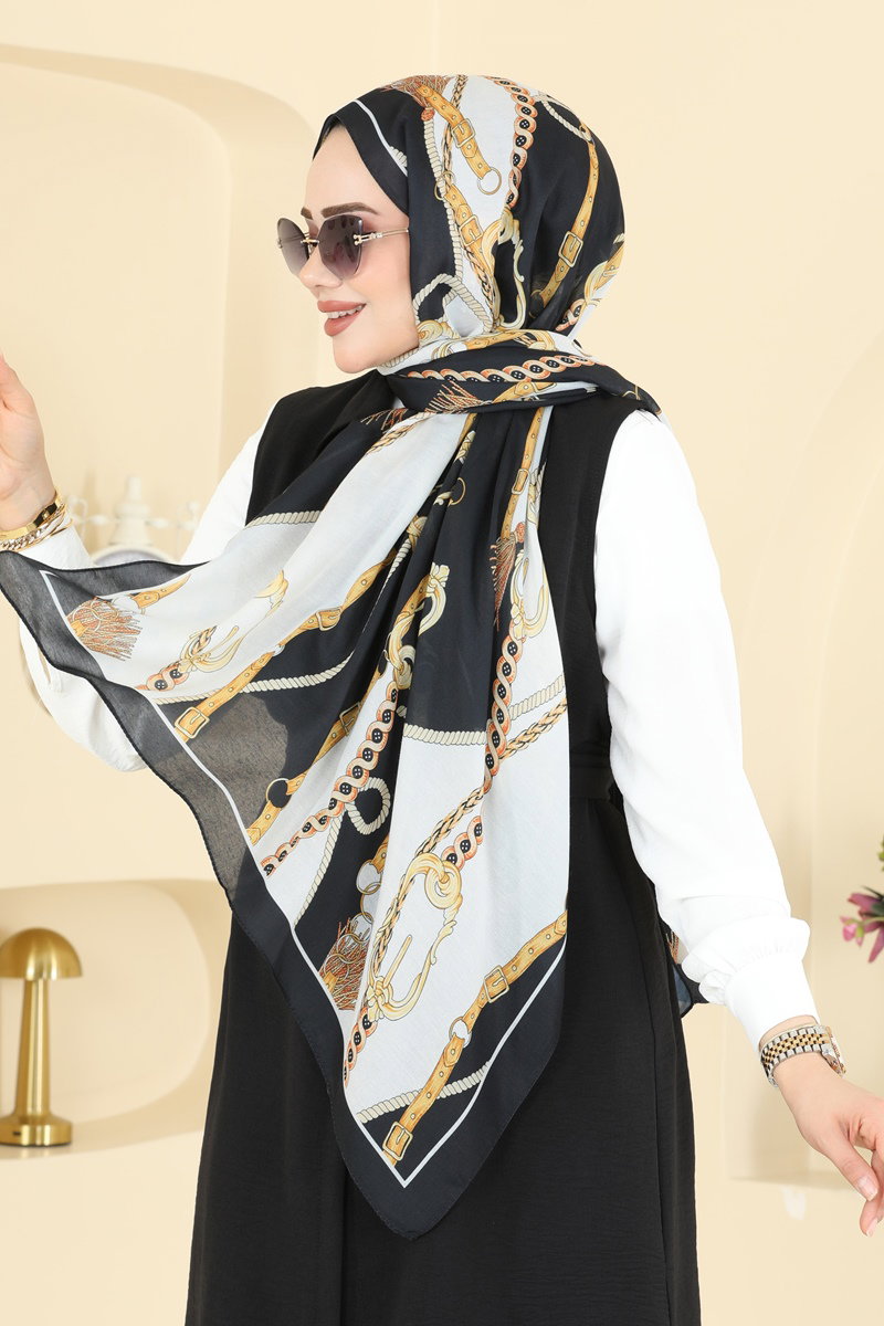 Zincir Desen Soft Şal 158IPK758 Siyah