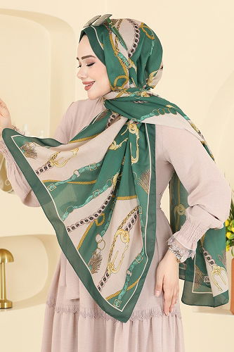 moda selvim Zincir Desen Soft Şal 158IPK758 Zümrüt - Thumbnail