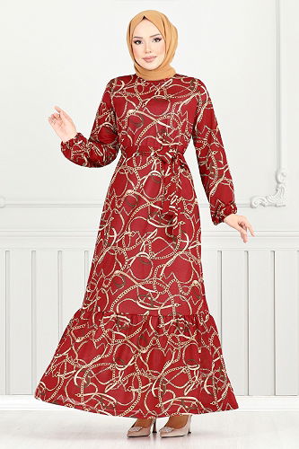 moda selvim Zincir Desenli Elbise 4086PM1063-M Kırmızı - Thumbnail