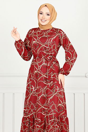 moda selvim Zincir Desenli Elbise 4086PM1063-M Kırmızı - Thumbnail