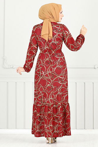 moda selvim Zincir Desenli Elbise 4086PM1063-M Kırmızı - Thumbnail