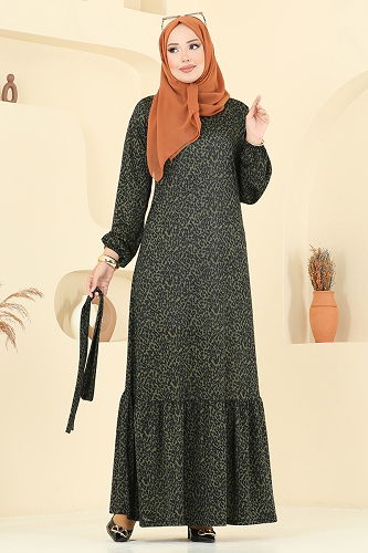 moda selvim Zincir Desenli Helen Elbise 4086PM271 Desen 2 Haki - Thumbnail