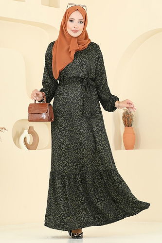 moda selvim Zincir Desenli Helen Elbise 4086PM271 Desen 2 Haki - Thumbnail