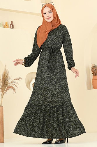 moda selvim Zincir Desenli Helen Elbise 4086PM271 Desen 2 Haki - Thumbnail