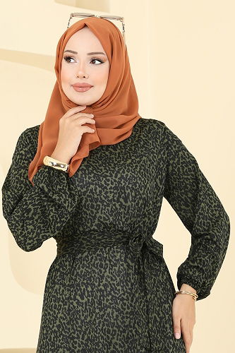 moda selvim Zincir Desenli Helen Elbise 4086PM271 Desen 2 Haki - Thumbnail