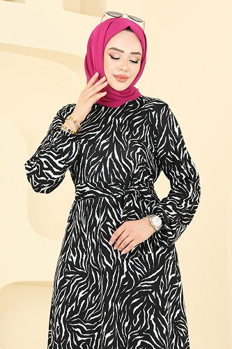 moda selvim Zincir Desenli Helen Elbise 4086PM271 Desen1 Zebra&Siyah - Thumbnail