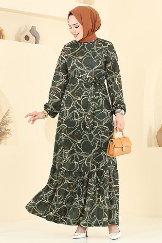 moda selvim Zincir Desenli Helen Elbise 4086PM271 Haki - Thumbnail
