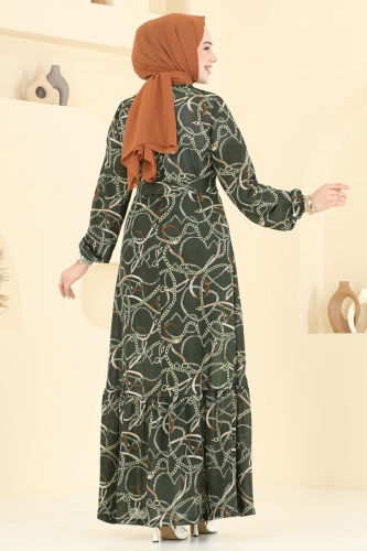 moda selvim Zincir Desenli Helen Elbise 4086PM271 Haki - Thumbnail