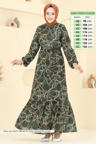 moda selvim Zincir Desenli Helen Elbise 4086PM271 Haki - Thumbnail