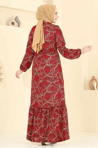 moda selvim Zincir Desenli Helen Elbise 4086PM271 Kırmızı - Thumbnail