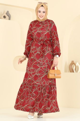 moda selvim Zincir Desenli Helen Elbise 4086PM271 Kırmızı - Thumbnail