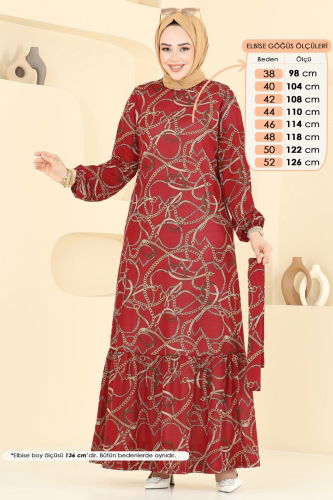moda selvim Zincir Desenli Helen Elbise 4086PM271 Kırmızı - Thumbnail