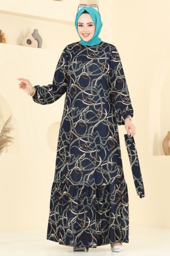 moda selvim Zincir Desenli Helen Elbise 4086PM271 Laci - Thumbnail