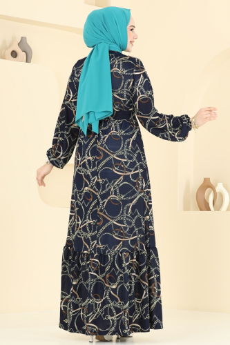 moda selvim Zincir Desenli Helen Elbise 4086PM271 Laci - Thumbnail