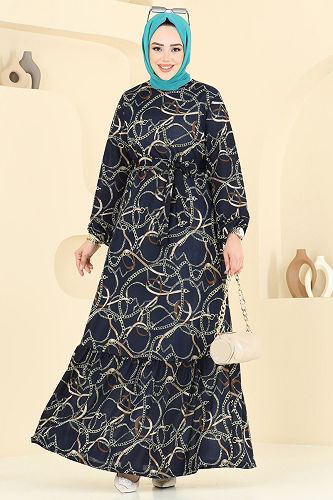 moda selvim Zincir Desenli Helen Elbise 4086PM271 Laci - Thumbnail