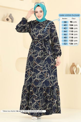 moda selvim Zincir Desenli Helen Elbise 4086PM271 Laci - Thumbnail