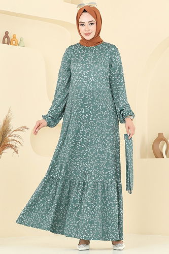 moda selvim Zincir Desenli Helen Elbise 4086PM271 Mint - Thumbnail