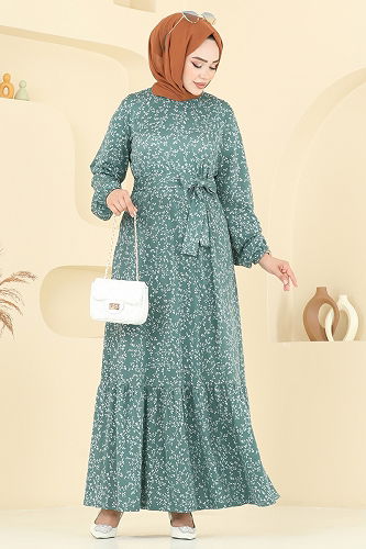 moda selvim Zincir Desenli Helen Elbise 4086PM271 Mint - Thumbnail