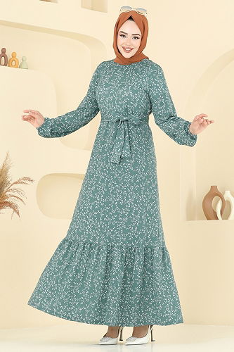 moda selvim Zincir Desenli Helen Elbise 4086PM271 Mint - Thumbnail