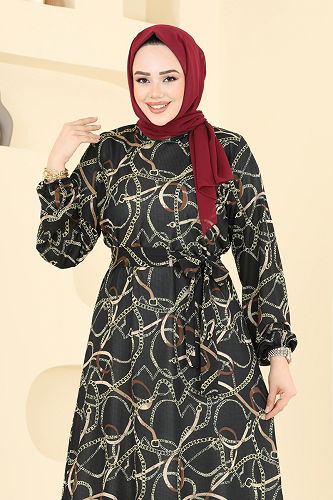moda selvim Zincir Desenli Helen Elbise 4086PM271 Siyah - Thumbnail