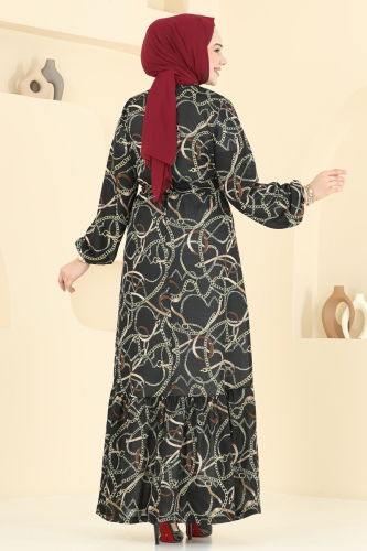 moda selvim Zincir Desenli Helen Elbise 4086PM271 Siyah - Thumbnail