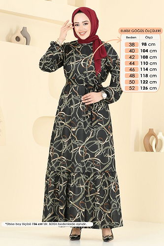 moda selvim Zincir Desenli Helen Elbise 4086PM271 Siyah - Thumbnail