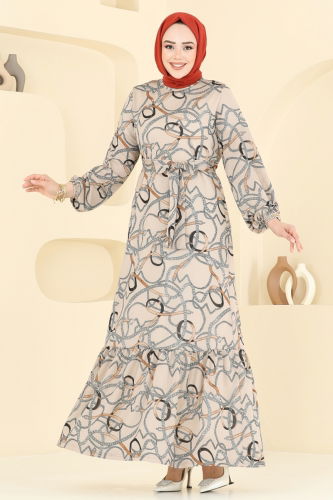 moda selvim Zincir Desenli Helen Elbise 4086PM271 Taş - Thumbnail