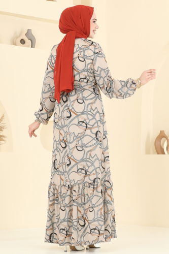 moda selvim Zincir Desenli Helen Elbise 4086PM271 Taş - Thumbnail