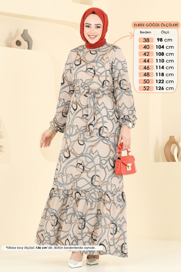 Modaselvim Elbise Zincir Desenli Helen Elbise 4086PM271 Taş