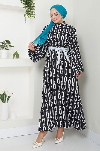 moda selvim Zincir Desenli Krep Elbise 1117BG354 Siyah - Thumbnail