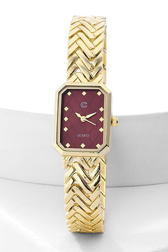 moda selvim Zincir Desenli Metal Saat 8838CLSK1184 Gold&Bordo - Thumbnail